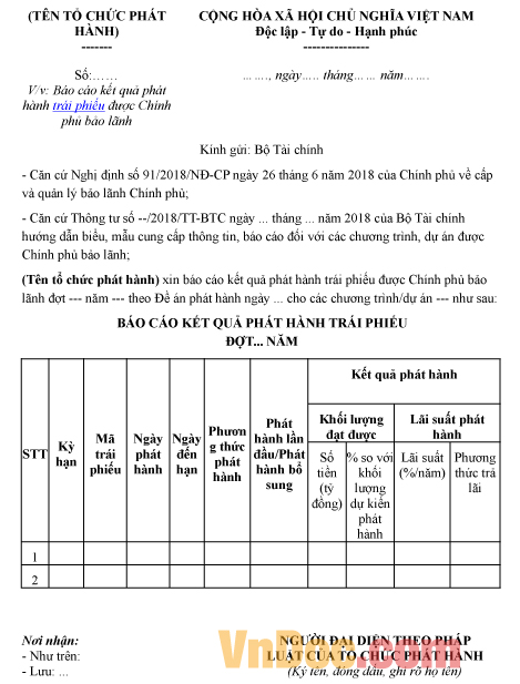 Mẫu báo cáo về kết quả phát hành trái phiếu