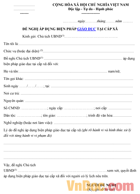 Mẫu đơn xin áp dụng biện pháp giáo dục tại cấp xã