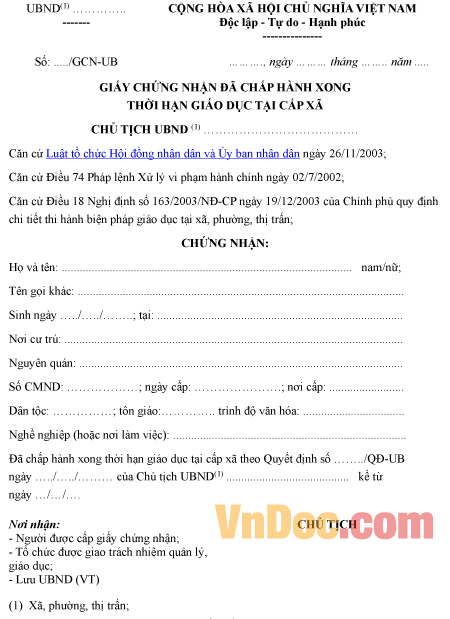 Mẫu giấy chứng nhận về việc đã chấp hành xong thời hạn giáo dục tại cấp xã