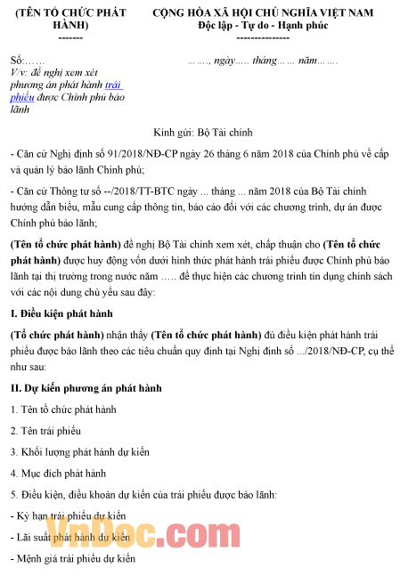 Mẫu văn bản xin xem xét cấp bảo lãnh cho khoản phát hành trái phiếu