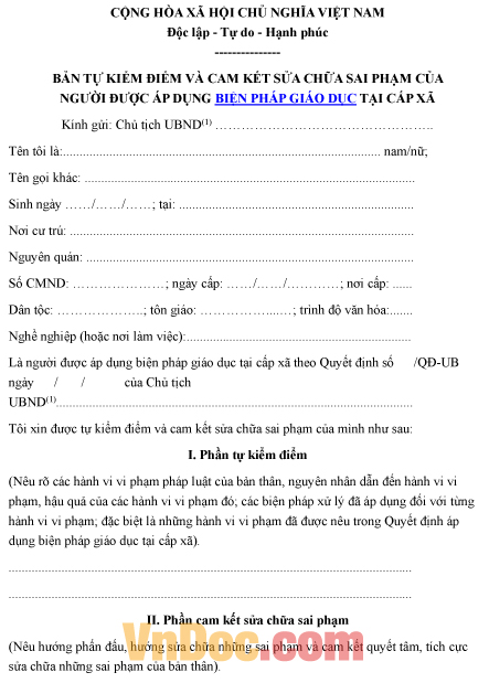 Mẫu bản tự kiểm điểm và cam kết của người được áp dụng biện pháp giáo dục