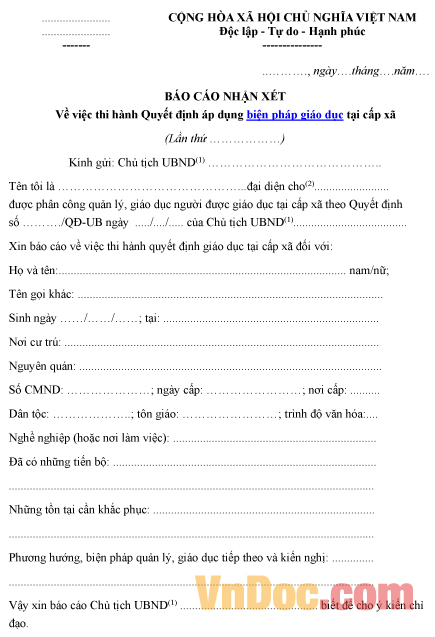 Mẫu báo cáo về việc nhận xét thi hành quyết định áp dụng biện pháp giáo dục tại cấp xã