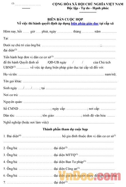 Mẫu biên bản ghi chép cuộc họp thi hành quyết định áp dụng biện pháp giáo dục tại cấp xã