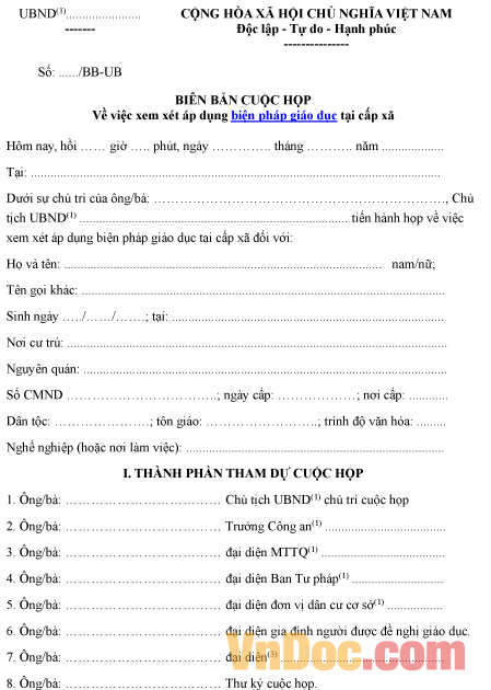 Mẫu biên bản về việc xem xét áp dụng biện pháp giáo dục tại cấp xã