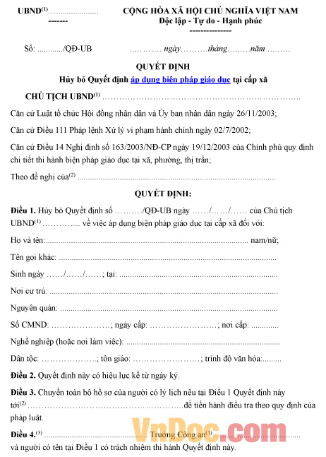 Mẫu quyết định về việc hủy bỏ quyết định áp dụng biện pháp giáo dục tại cấp xã