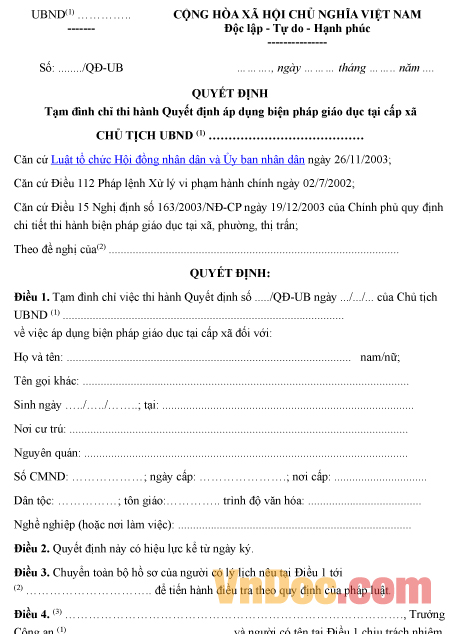 Mẫu quyết định về việc tạm đình chỉ thi hành quyết định áp dụng biện pháp giáo dục tại cấp xã