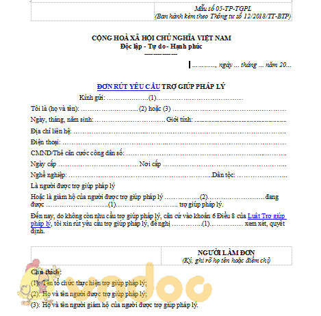 Đơn rút yêu cầu trợ giúp pháp lý
