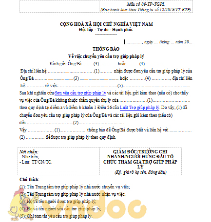 thông báo chuyển yêu cầu trợ giúp pháp lý