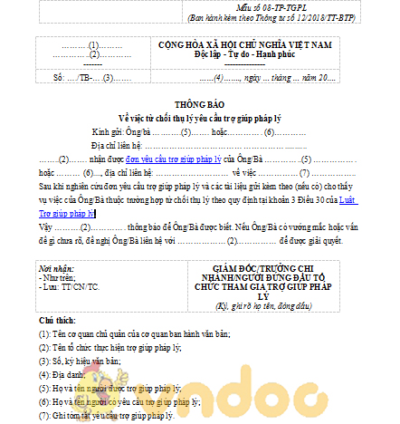 Mẫu thông báo từ chối yêu cầu trợ giúp pháp lý