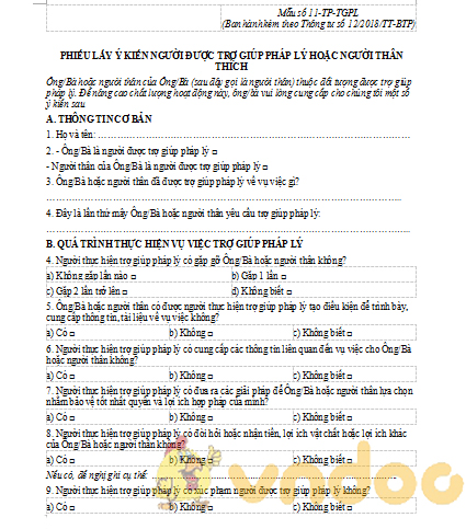 Phiếu lấy ý kiến người được trợ giúp pháp lý