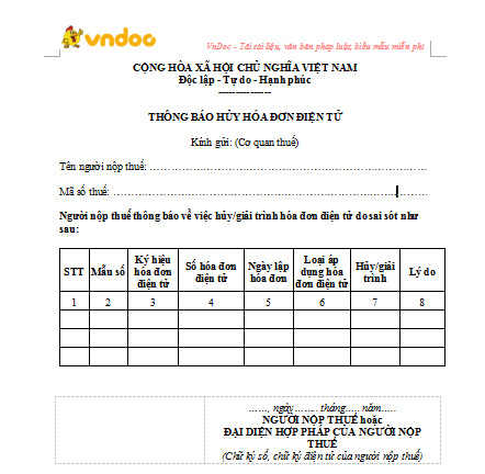 Thông báo hủy hóa đơn điện tử