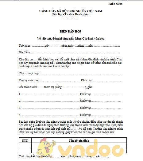 biên bản họp xét tặng danh hiệu gia đình văn hóa