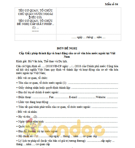 đơn xin cấp phép thành lập cơ sở văn hóa nước ngoài