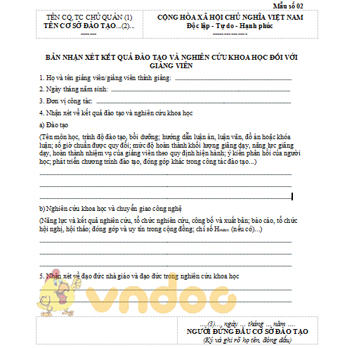 bản nhận xét kết quả đào tạo với giảng viên