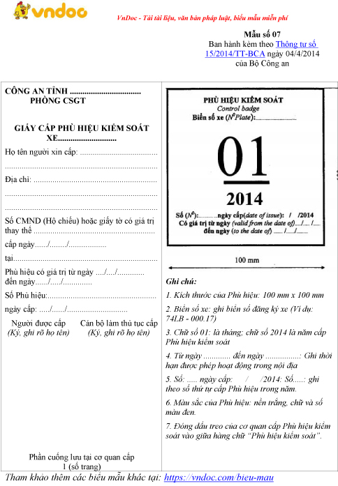 Mẫu giấy cấp phù hiệu kiểm soát xe