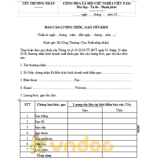 mẫu báo cáo tóc gạo tồn kho