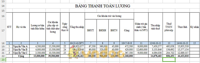 Mẫu bảng lương tính thuế thu nhập cá nhân