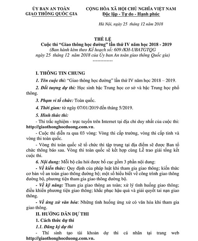 Thể lệ dự thi giao thông học đường 2019