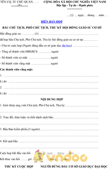 Mẫu biên bản họp bầu chủ tịch, phó chủ tịch, thư ký hội đồng giáo sư cơ sở