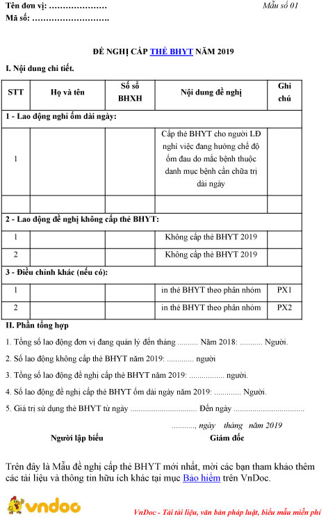Mẫu đề nghị cấp thẻ BHYT năm 2019