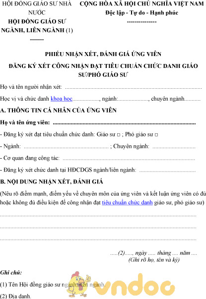 Mẫu phiếu nhận xét, đánh giá ứng viên đạt tiêu chuẩn chức danh giáo sư, phó giáo sư
