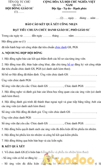 Mẫu báo cáo kết quả xét công nhận đạt tiêu chuẩn chức danh giáo sư, phó giáo sư