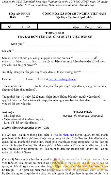 Mẫu số 06-VDS: Thông báo trả lại đơn yêu cầu giải quyết việc dân sự