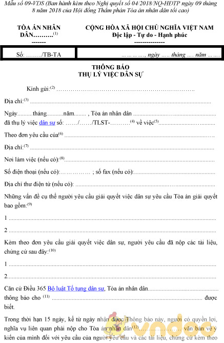 Mẫu số 09-VDS: Thông báo thụ lý việc dân sự