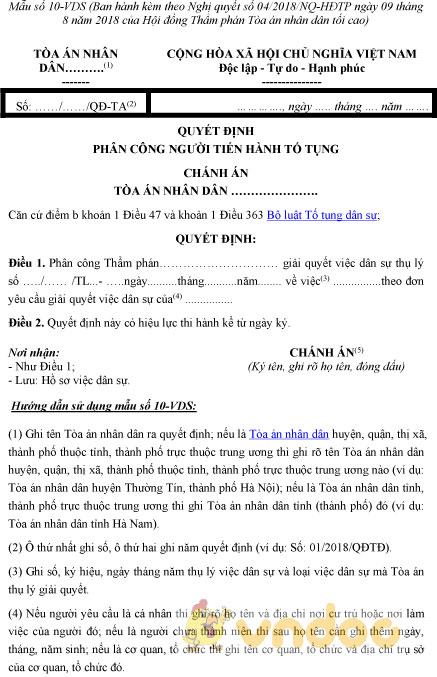 Mẫu số 10-VDS: Quyết định phân công người tiến hành tố tụng