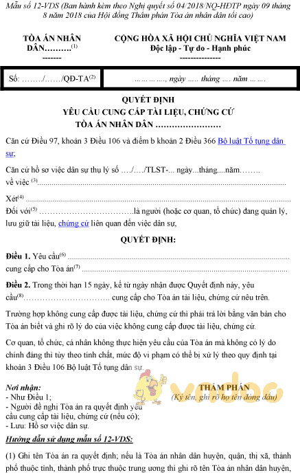 Mẫu số 12-VDS: Quyết định yêu cầu cung cấp tài liệu, chứng cứ