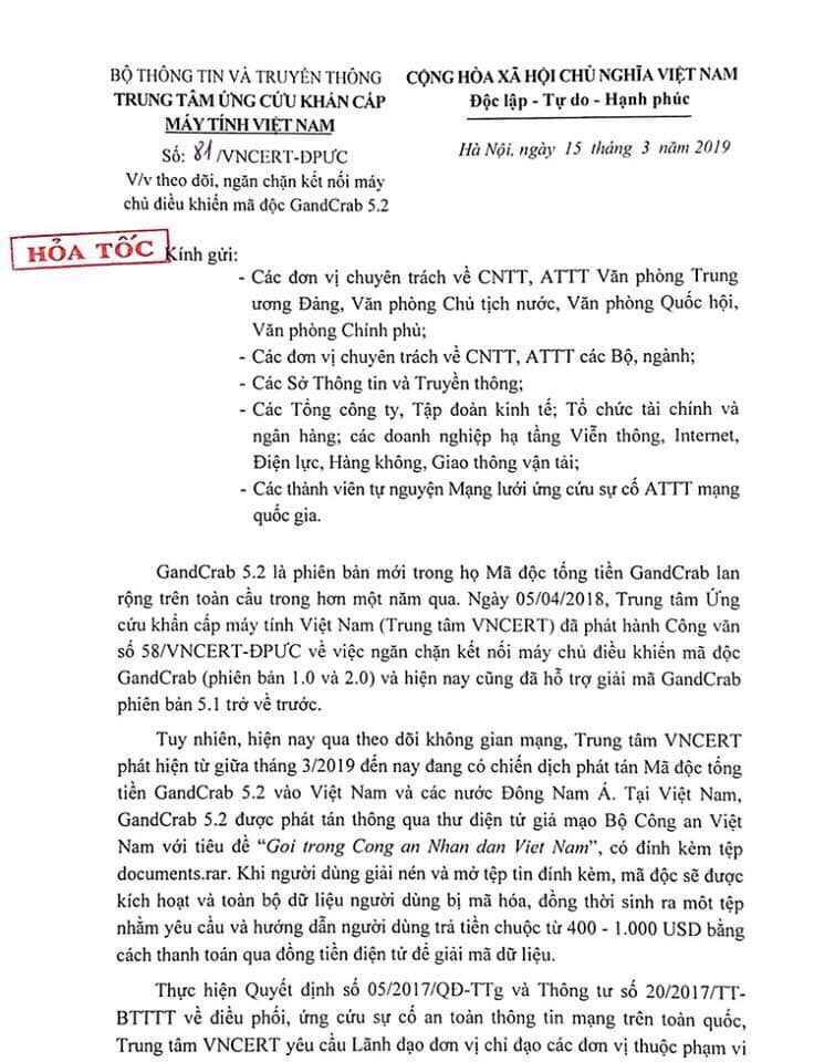 Cảnh báo mã độc GandCrab 5.2 giả mạo Bộ Công an để tống tiền