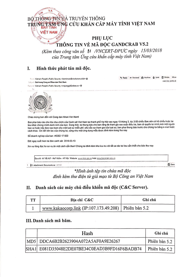 Cảnh báo mã độc GandCrab 5.2 giả mạo Bộ Công an để tống tiền