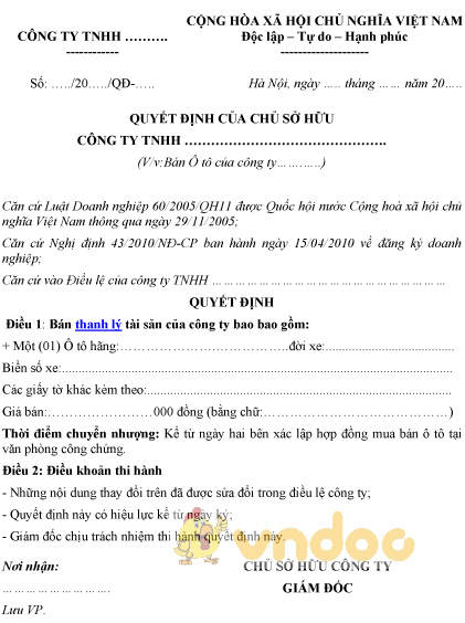 Quyết định thanh lý xe ô tô