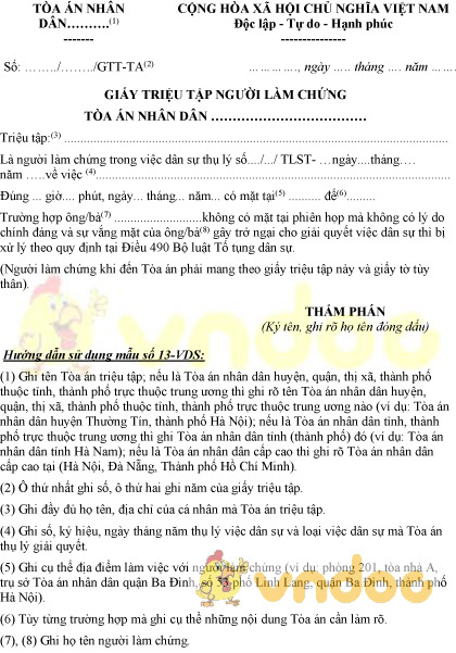 Mẫu số 13-VDS: Giấy triệu tập người làm chứng