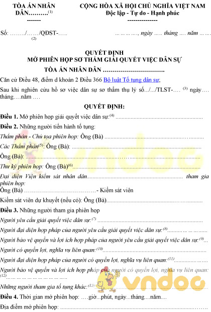 Mẫu số 15-VDS: Quyết mở phiên họp sơ thẩm giải quyết việc dân sự