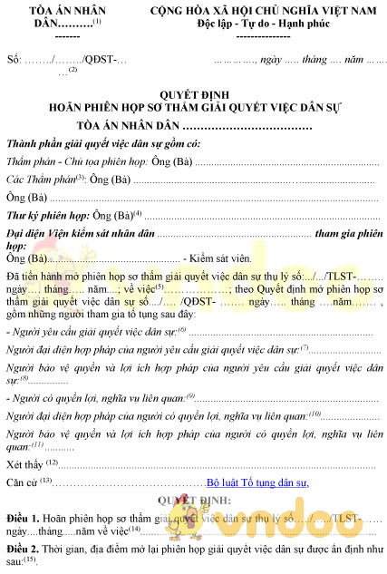 Mẫu số 16-VDS: Quyết định hoãn phiên họp sơ thẩm giải quyết việc dân sự