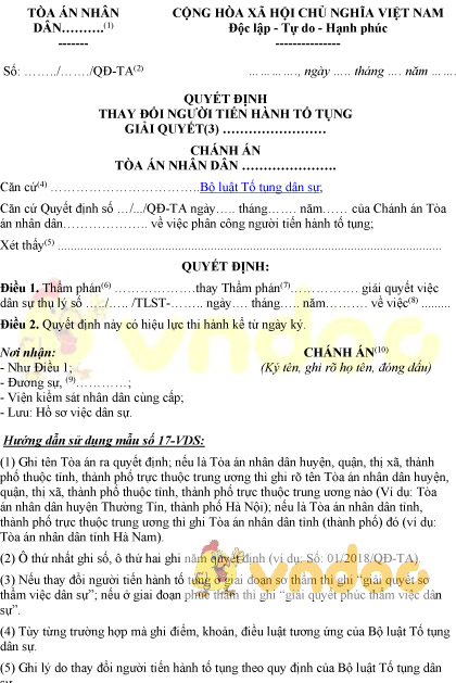 Mẫu số 17-VDS: Quyết định thay đổi người tiến hành tố tụng