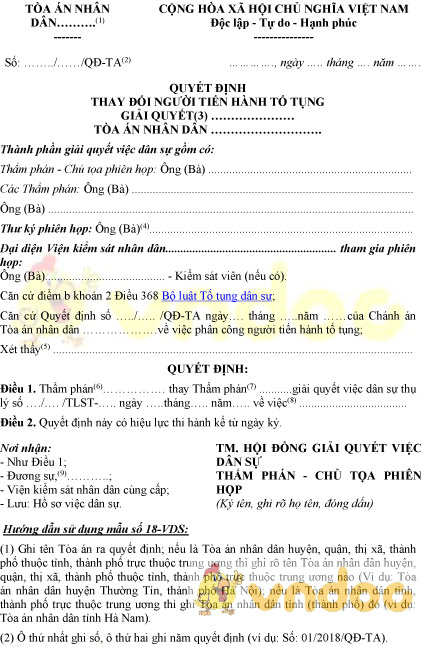 Mẫu số 18-VDS: Quyết định thay đổi người tiến hành tố tụng