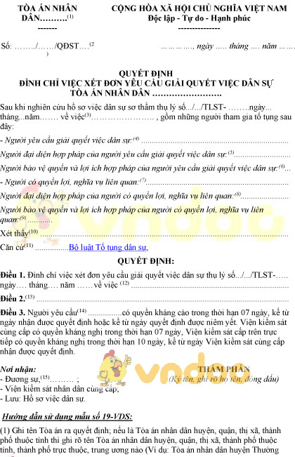 Mẫu số 19-VDS: Quyết định đình chỉ xét đơn yêu cầu giải quyết việc dân sự