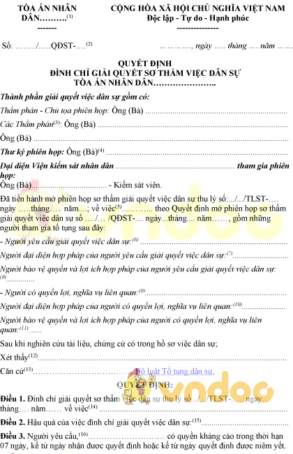 Mẫu số 20-VDS: Quyết định đình chỉ giải quyết sơ thẩm việc dân sự