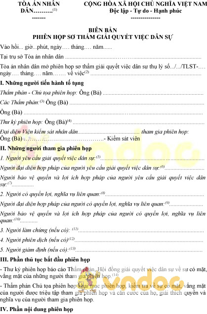 Mẫu số 21-VDS: Biên bảo phiên họp sơ thẩm giải quyết việc dân sự