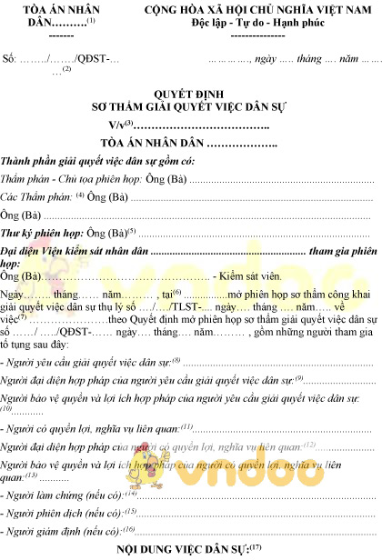 Mẫu số 22-VDS: Quyết định sơ thẩm giải quyết việc dân sự
