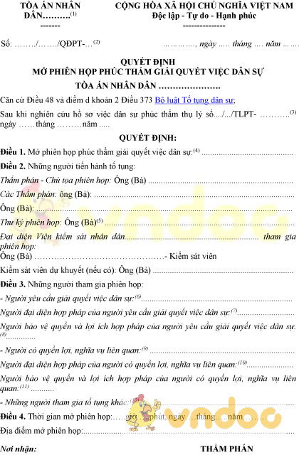 Mẫu số 23-VDS: Quyết định mở phiên họp phúc thẩm giải quyết việc dân sự
