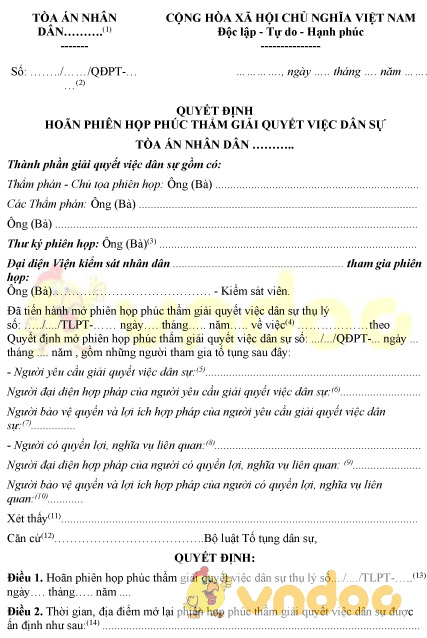 Mẫu số 24-VDS: Quyết định hoãn phiên họp phúc thẩm giải quyết việc dân sự