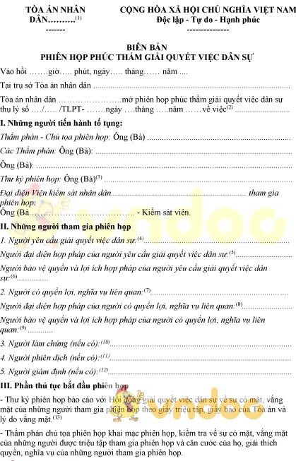 Mẫu số 25-VDS: Biên bản phiên họp phúc thẩm giải quyết việc dân sự
