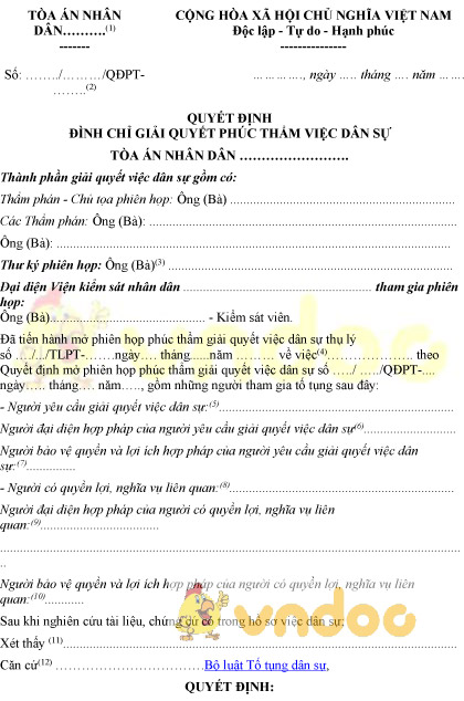 Mẫu số 26-VDS: Quyết định đình chỉ giải quyết phúc thẩm việc dân sự