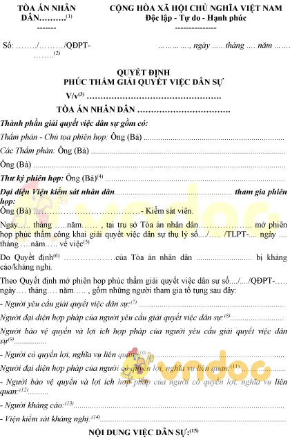 Mẫu số 27-VDS: Quyết định phúc thẩm giải quyết việc dân sự