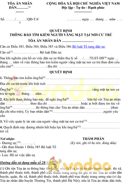 Mẫu số 28-VDS: Quyết định thông báo tìm kiếm người vắng mặt tại nơi cư trú