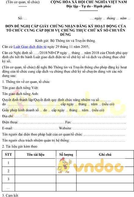 Mẫu đơn đề nghị cấp GCN đăng ký hoạt động của tổ chức dịch vụ chữ ký số