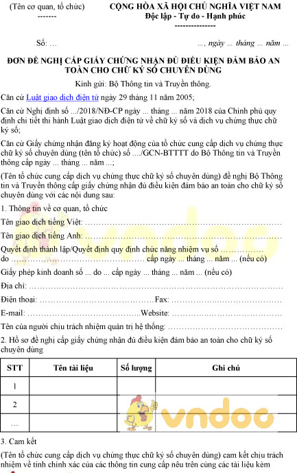 Mẫu đơn đề nghị cấp GCN đủ điều kiện đảm bảo an toàn cho chữ ký số